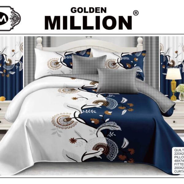 ClassySouq-shop-Golden-Million-Bedsheet-Set-with-Curtains-12pcs-Beautiful-Flowers-White-100% Cotton