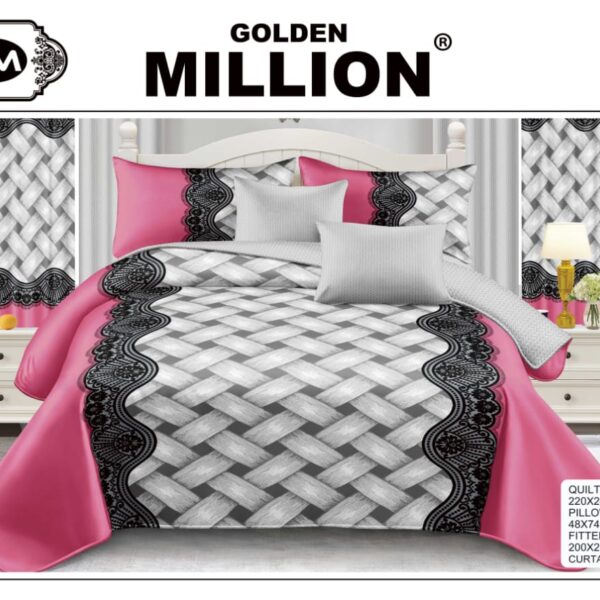 ClassySouq-shop-Golden-Million-Bedsheet-Set-with-Curtains-12pcs-Criss-Cross-Pattern-Pink-100% Cotton