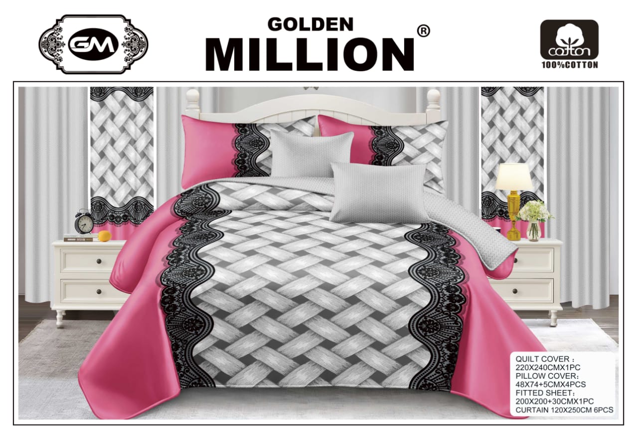 Golden Million-Bedsheet Set with Curtains-12PCS - Criss Cross Pattern Pink 100% Cotton ClassySouq-shop-Golden-Million-Bedsheet-Set-with-Curtains-12pcs-Criss-Cross-Pattern-Pink-100% Cotton
