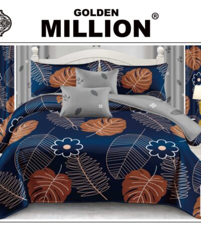 ClassySouq-shop-Golden-Million-Bedsheet-Set-with-Curtains-12pcs-Dry-Foliages-Blue-100% Cotton