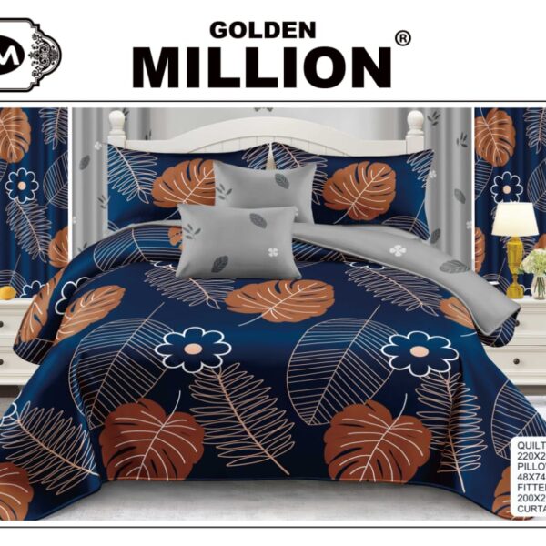 ClassySouq-shop-Golden-Million-Bedsheet-Set-with-Curtains-12pcs-Dry-Foliages-Blue-100% Cotton
