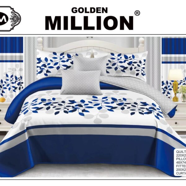 ClassySouq-shop-Golden-Million-Bedsheet-Set-with-Curtains-12pcs-Leafy-Blue-100% Cotton