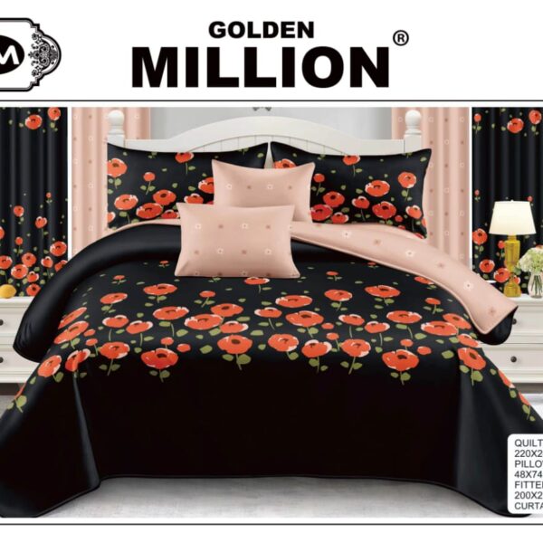 ClassySouq-shop-Golden-Million-Bedsheet-Set-with-Curtains-12pcs-Roses-Bunch-Black-100% Cotton