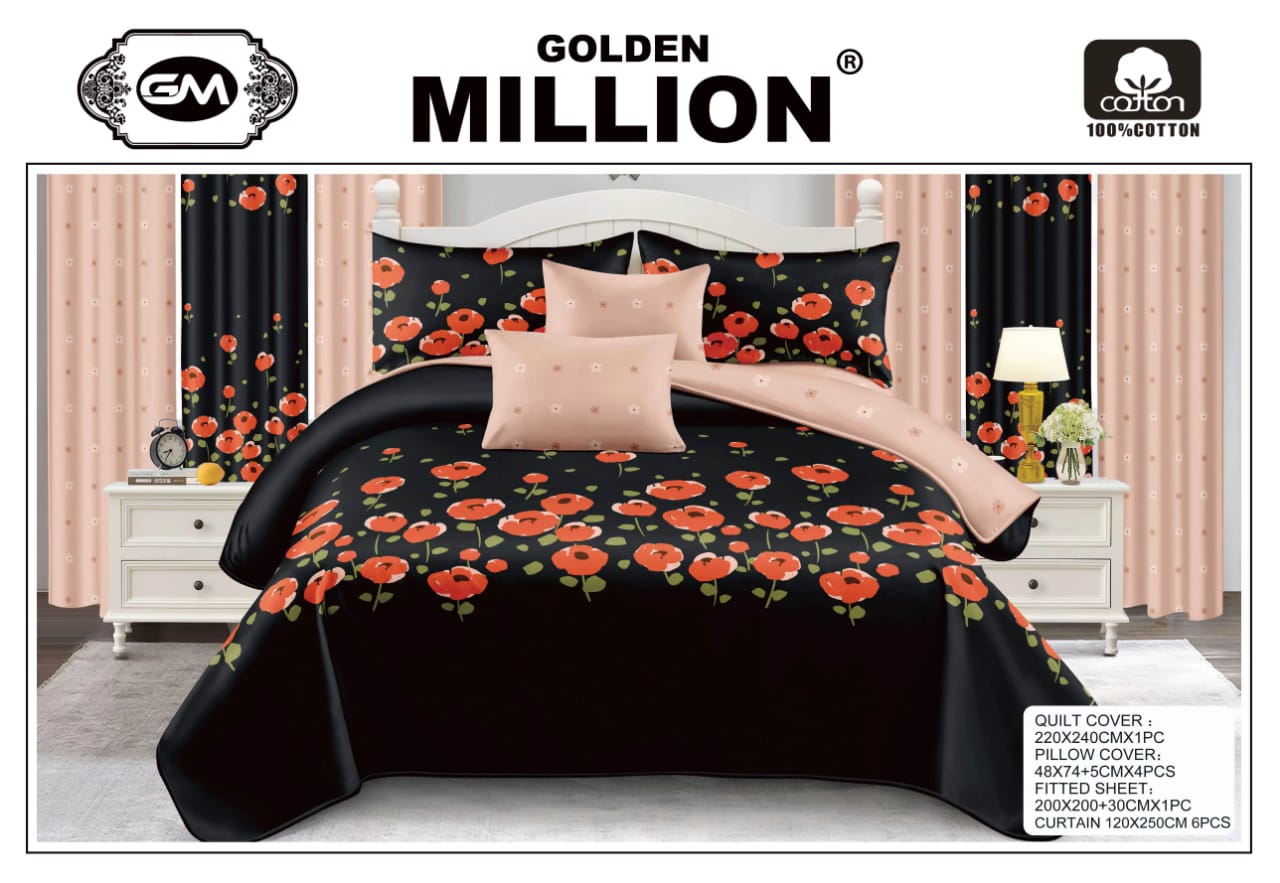 Golden Million-Bedsheet Set with Curtains-12PCS-Roses Bunch Black 100% Cotton ClassySouq-shop-Golden-Million-Bedsheet-Set-with-Curtains-12pcs-Roses-Bunch-Black-100% Cotton