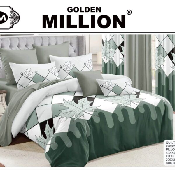 ClassySouq-shop-Golden-Million-Bedsheet-Set-with-Curtains-Autumn-Leaf-Green-100% Cotton