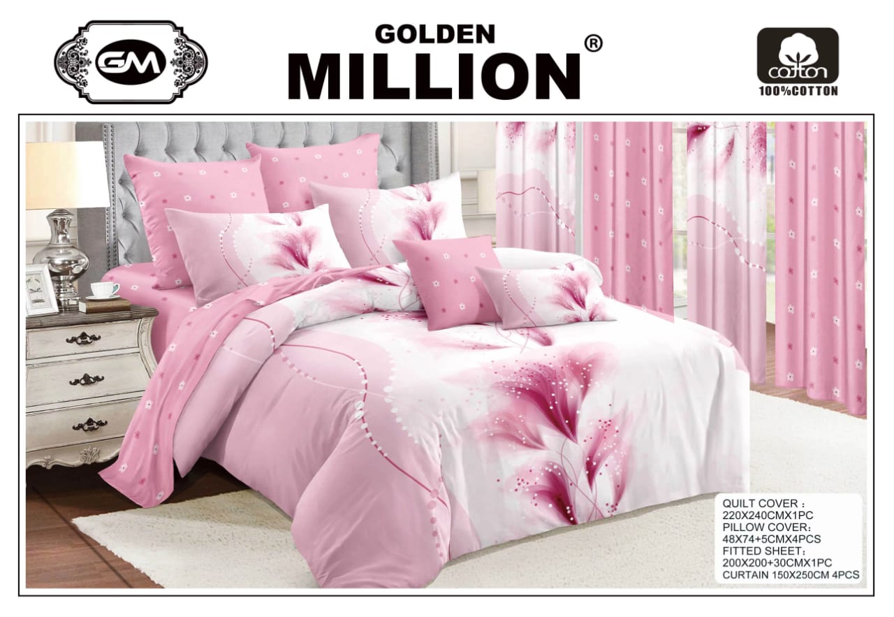 ClassySouq-shop-Golden-Million-Bedsheet-Set-with-Curtains-Beautiful-pink-100% Cotton