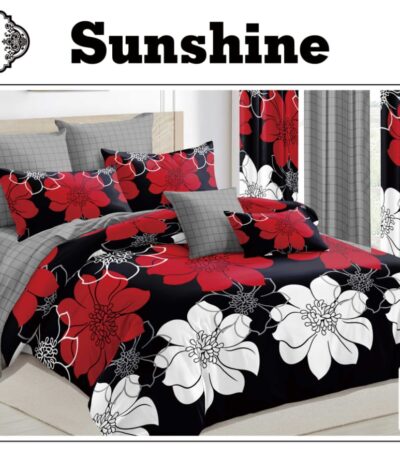 ClassySouq-shop-Golden-Million-Bedsheet-Set-with-Curtains-Blooming-Flowers-Black-100% Cotton