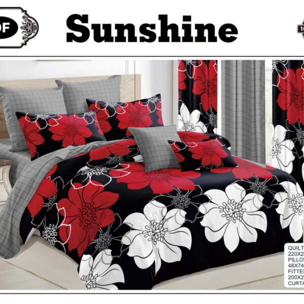 ClassySouq-shop-Golden-Million-Bedsheet-Set-with-Curtains-Blooming-Flowers-Black-100% Cotton