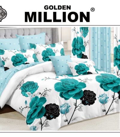 ClassySouq-shop-Golden-Million-Bedsheet-Set-with-Curtains-Blossom-Flower-Blue-100% Cotton