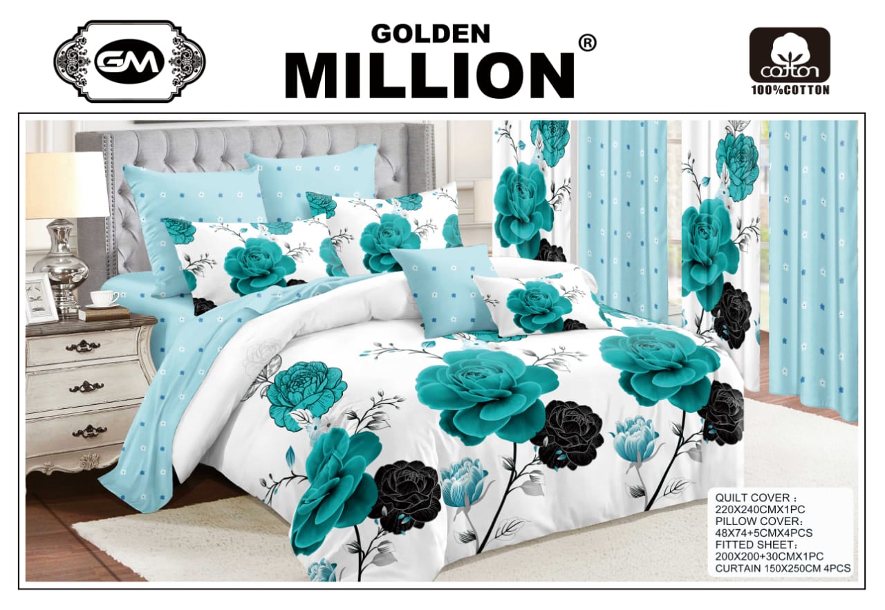 ClassySouq-shop-Golden-Million-Bedsheet-Set-with-Curtains-Blossom-Flower-Blue-100% Cotton