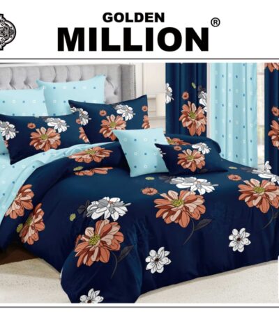 ClassySouq-shop-Golden-Million-Bedsheet-Set-with-Curtains-Blossom-Bright-Flower-Blue-100% Cotton