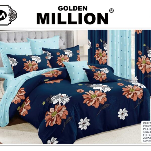 ClassySouq-shop-Golden-Million-Bedsheet-Set-with-Curtains-Blossom-Bright-Flower-Blue-100% Cotton