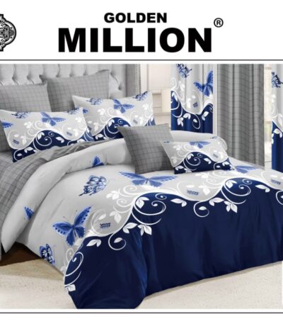 ClassySouq-Shop-Golden Million-Bedsheet Set with Curtains- Butterfly Blue 100% Cotton