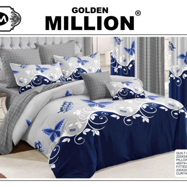 ClassySouq-Shop-Golden Million-Bedsheet Set with Curtains- Butterfly Blue 100% Cotton