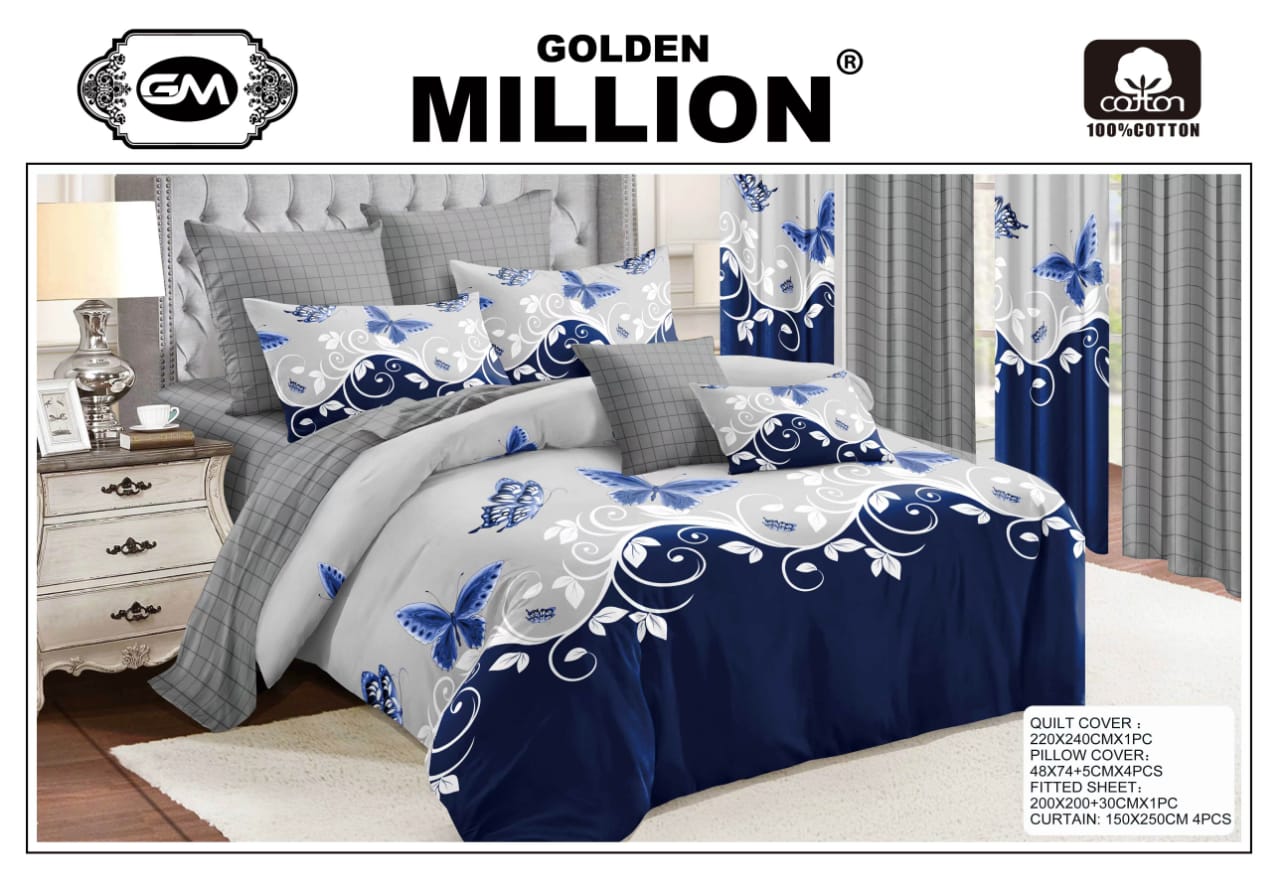 ClassySouq-Shop-Golden Million-Bedsheet Set with Curtains- Butterfly Blue 100% Cotton