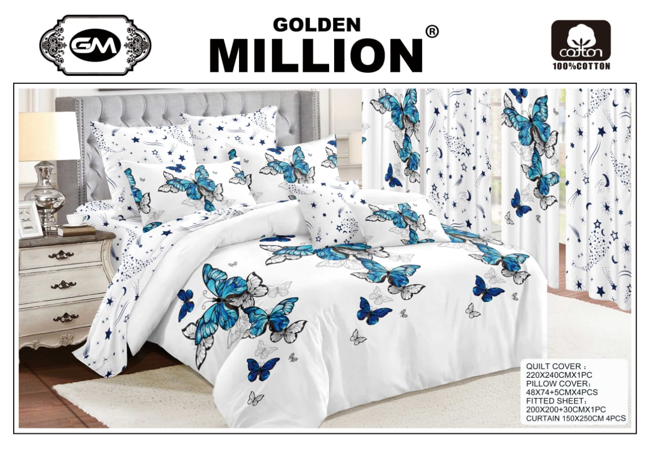 ClassySouq-shop-Golden-Million-Bedsheet-Set-with-Curtains-Butterfly-White-100% Cotton