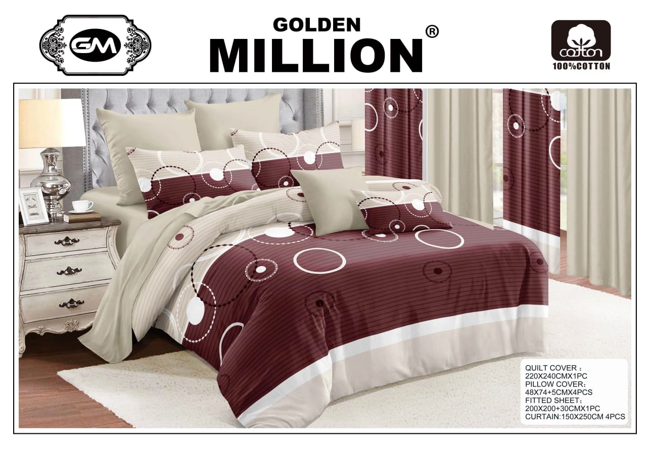 ClassySouq-Shop-Golden-Million-Bedsheet-Set-with-Curtains-Circular-Brown-100% Cotton
