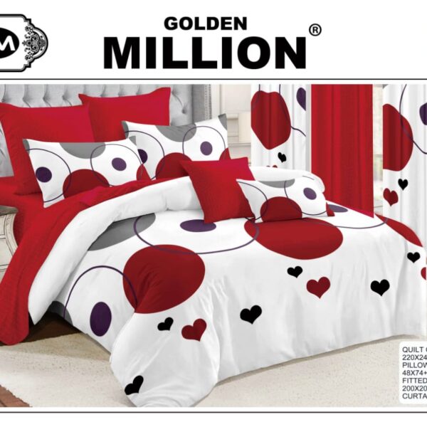 ClassySouq-shop-Golden-Million-Bedsheet-Set-with-Curtains-Circular-Red-100%Cotton