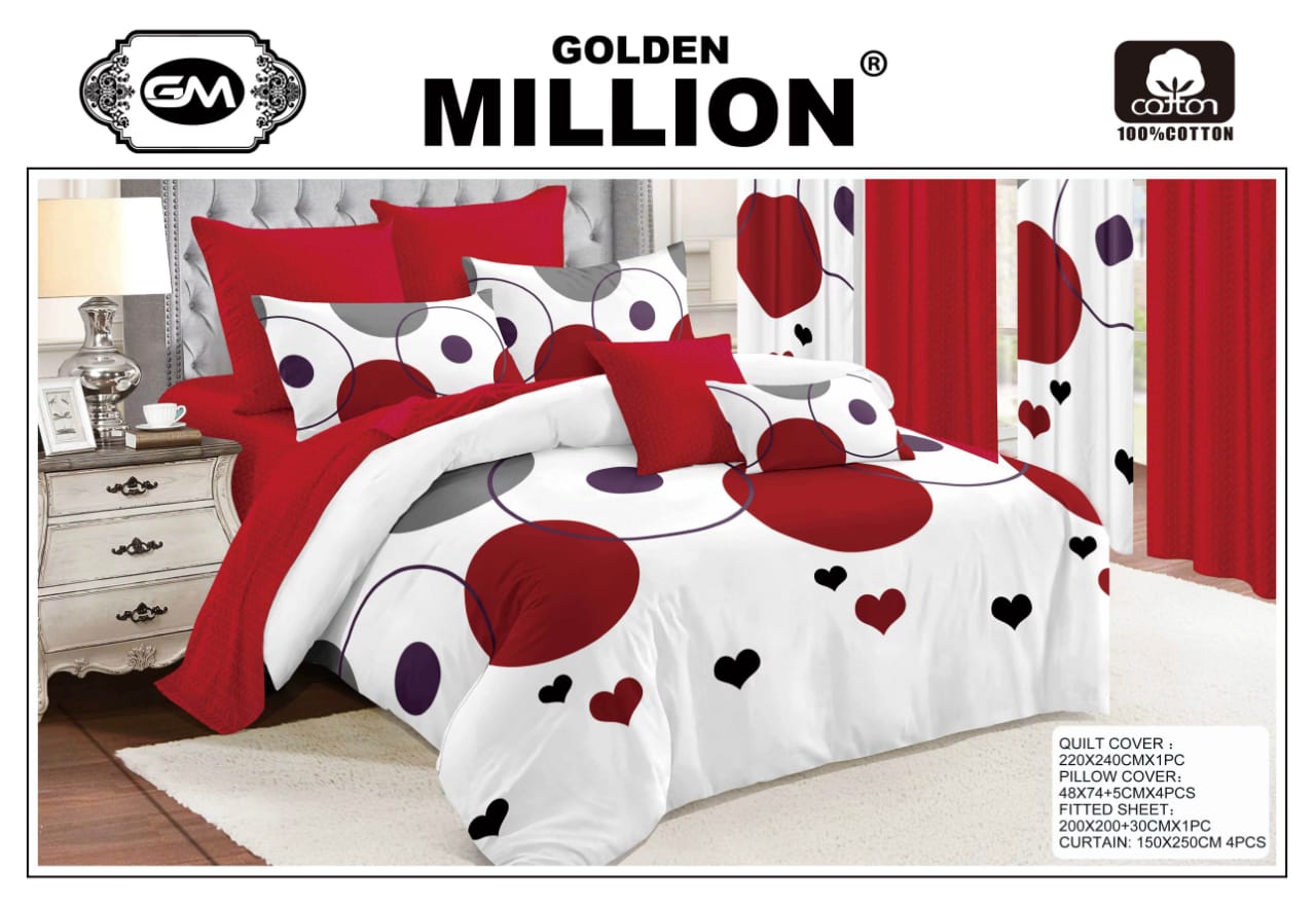 ClassySouq-shop-Golden-Million-Bedsheet-Set-with-Curtains-Circular-Red-100%Cotton