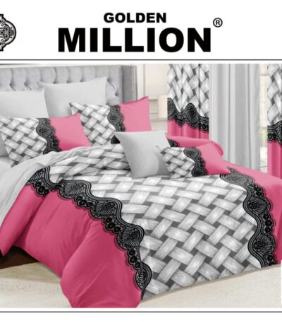 ClassySouq-shop-Golden-Million-Bedsheet-Set-with-Curtains-Criss-Cross-Pattern-Pink-100% Cotton