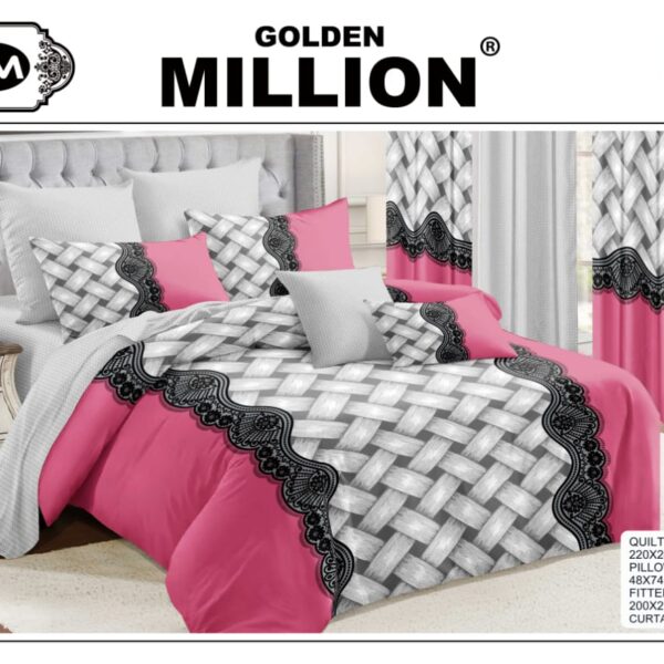 ClassySouq-shop-Golden-Million-Bedsheet-Set-with-Curtains-Criss-Cross-Pattern-Pink-100% Cotton