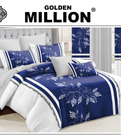 ClassySouq-shop-Golden-Million-Bedsheet-Set-with-Curtains-Fabulous-Flower-Blue-100% Cotton
