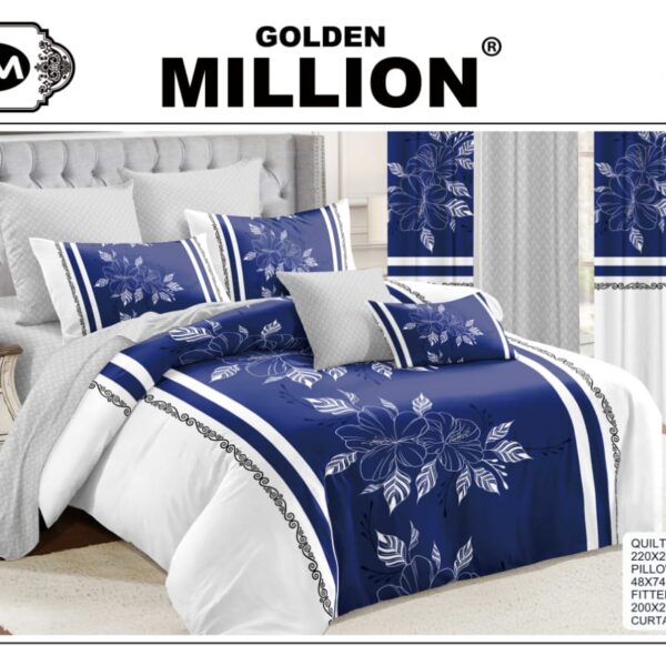 ClassySouq-shop-Golden-Million-Bedsheet-Set-with-Curtains-Fabulous-Flower-Blue-100% Cotton