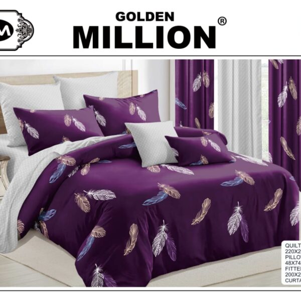 ClassySouq-shop-Golden-Million-Bedsheet-Set-with-Curtains-Feather-Purple-100% Cotton