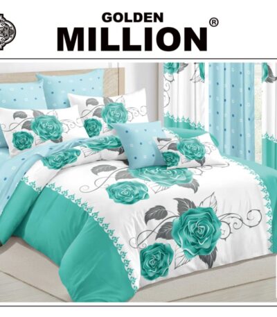 ClassySouq-shop-Golden-Million-Bedsheet-Set-with-Curtains-Floral-Green-100% Cotton