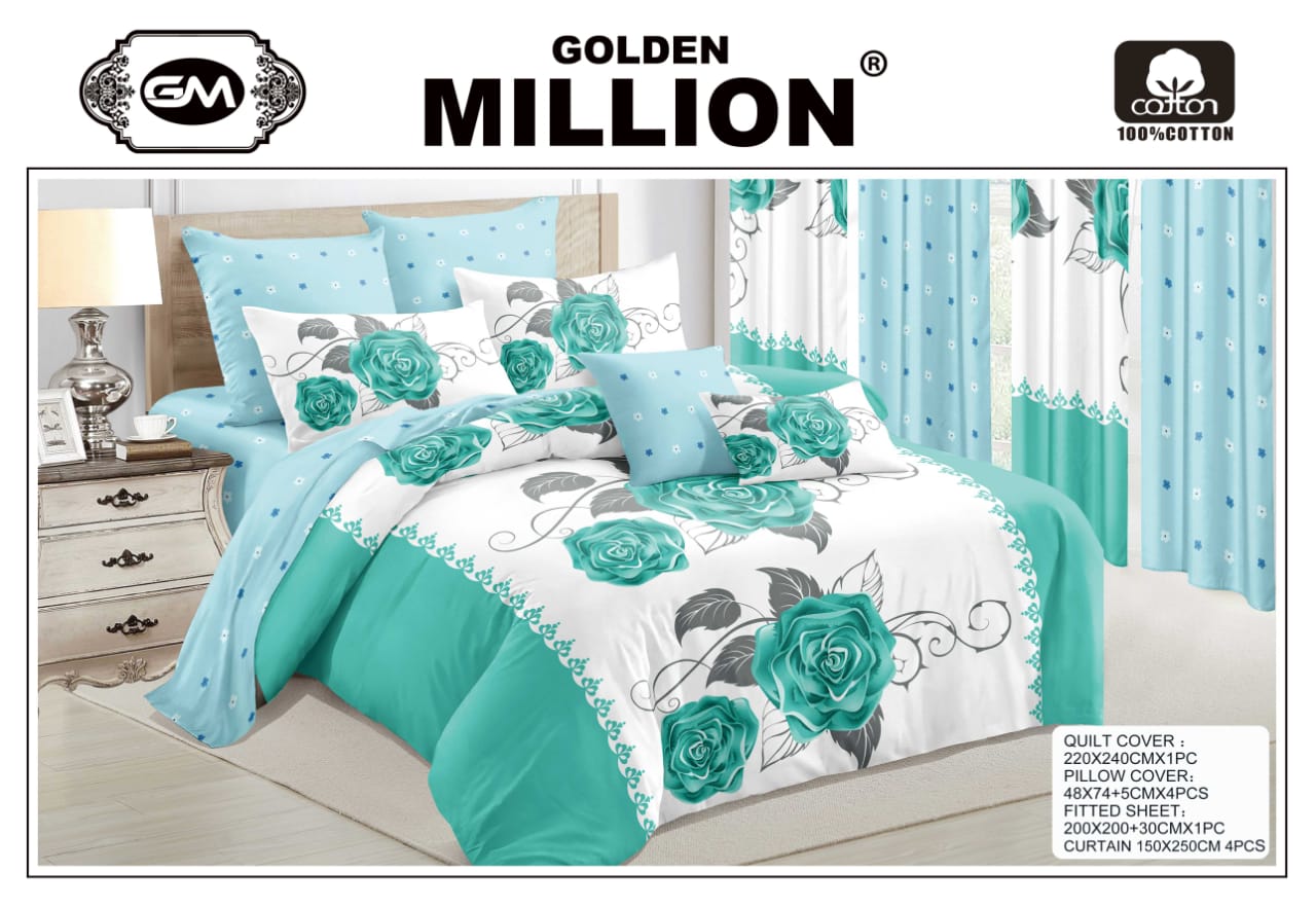 ClassySouq-shop-Golden-Million-Bedsheet-Set-with-Curtains-Floral-Green-100% Cotton