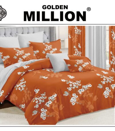ClassySouq-shop-Golden-Million-Bedsheet-Set-with-Curtains-Floral-Orange-100% Cotton