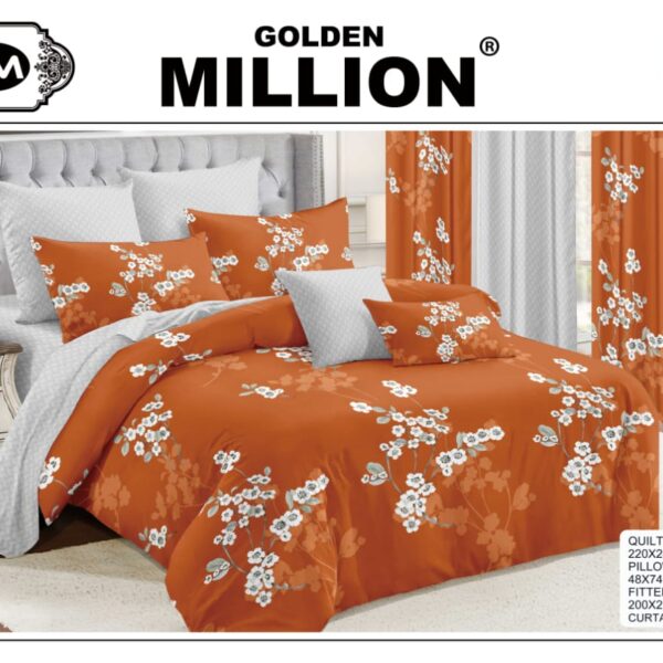ClassySouq-shop-Golden-Million-Bedsheet-Set-with-Curtains-Floral-Orange-100% Cotton