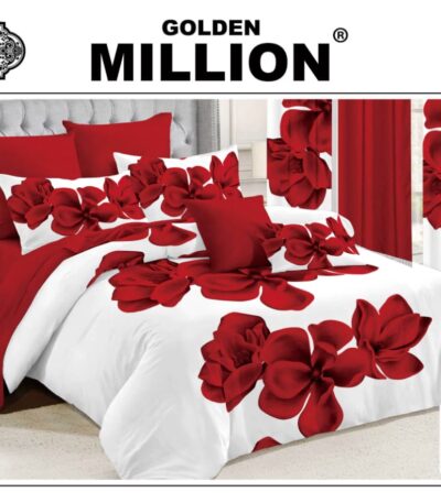 ClassySouq-shop-Golden-Million-Bedsheet-Set-with-Curtains-Floral-Red-100% Cotton