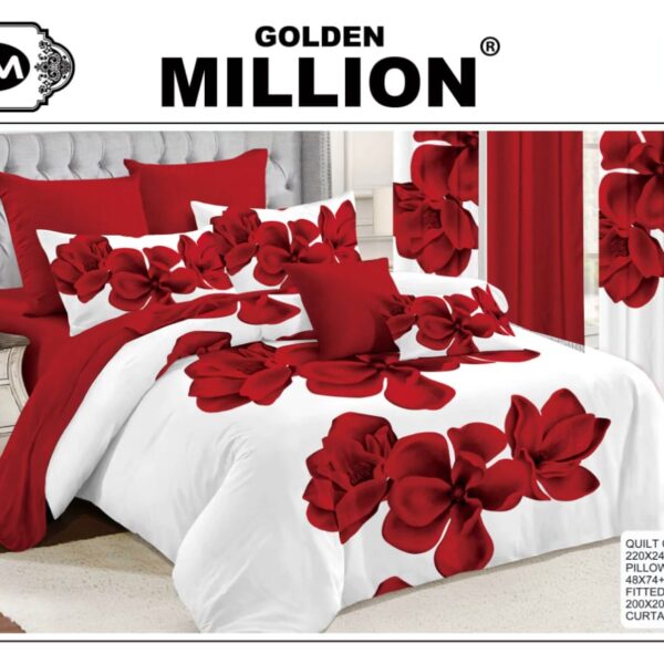 ClassySouq-shop-Golden-Million-Bedsheet-Set-with-Curtains-Floral-Red-100% Cotton
