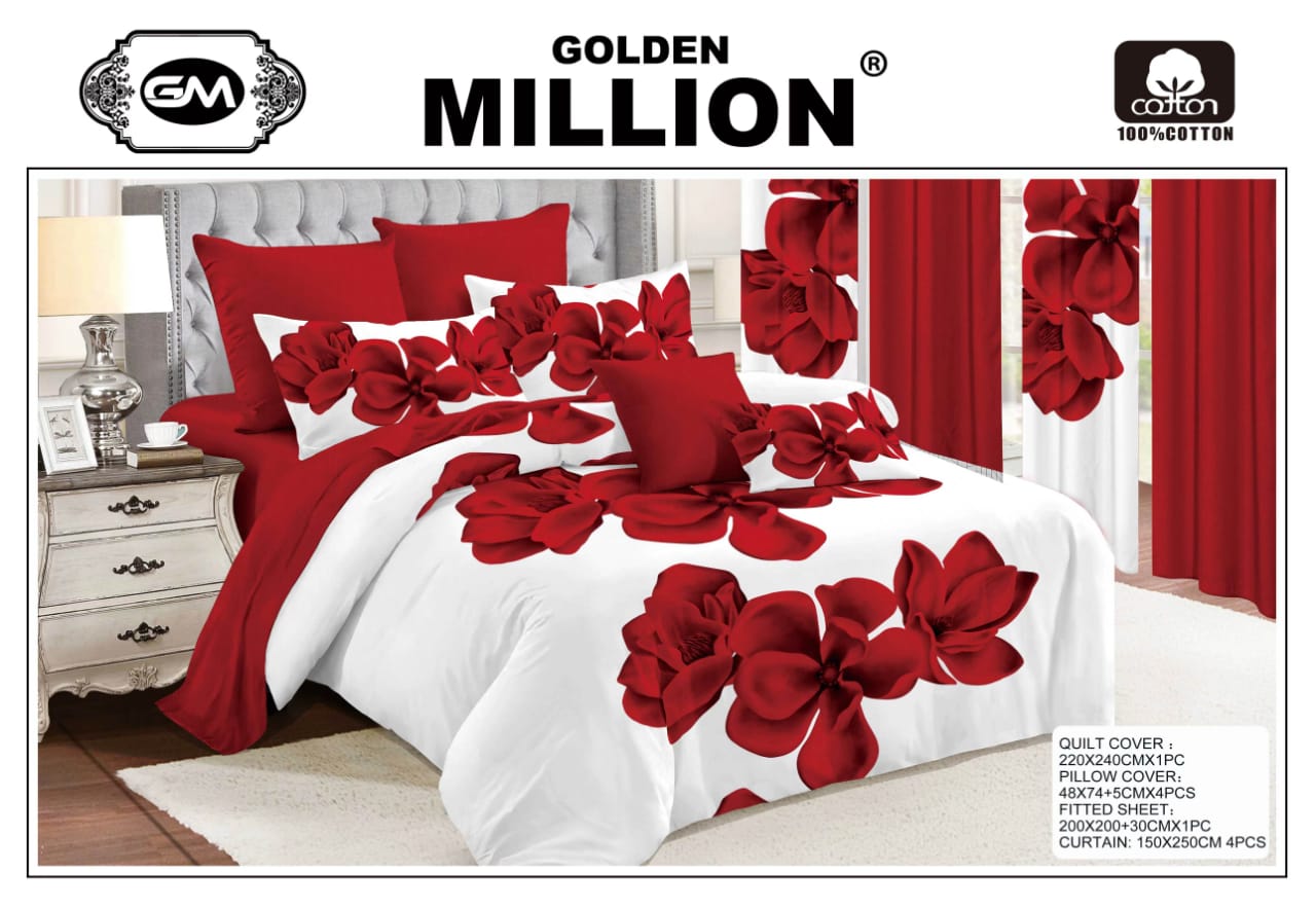 ClassySouq-shop-Golden-Million-Bedsheet-Set-with-Curtains-Floral-Red-100% Cotton