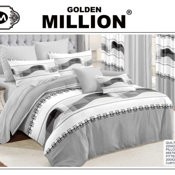 ClassySouq-shop-Golden-Million-Bedsheet-Set-with-Curtains-Geometric Lines-Grey-100% Cotton