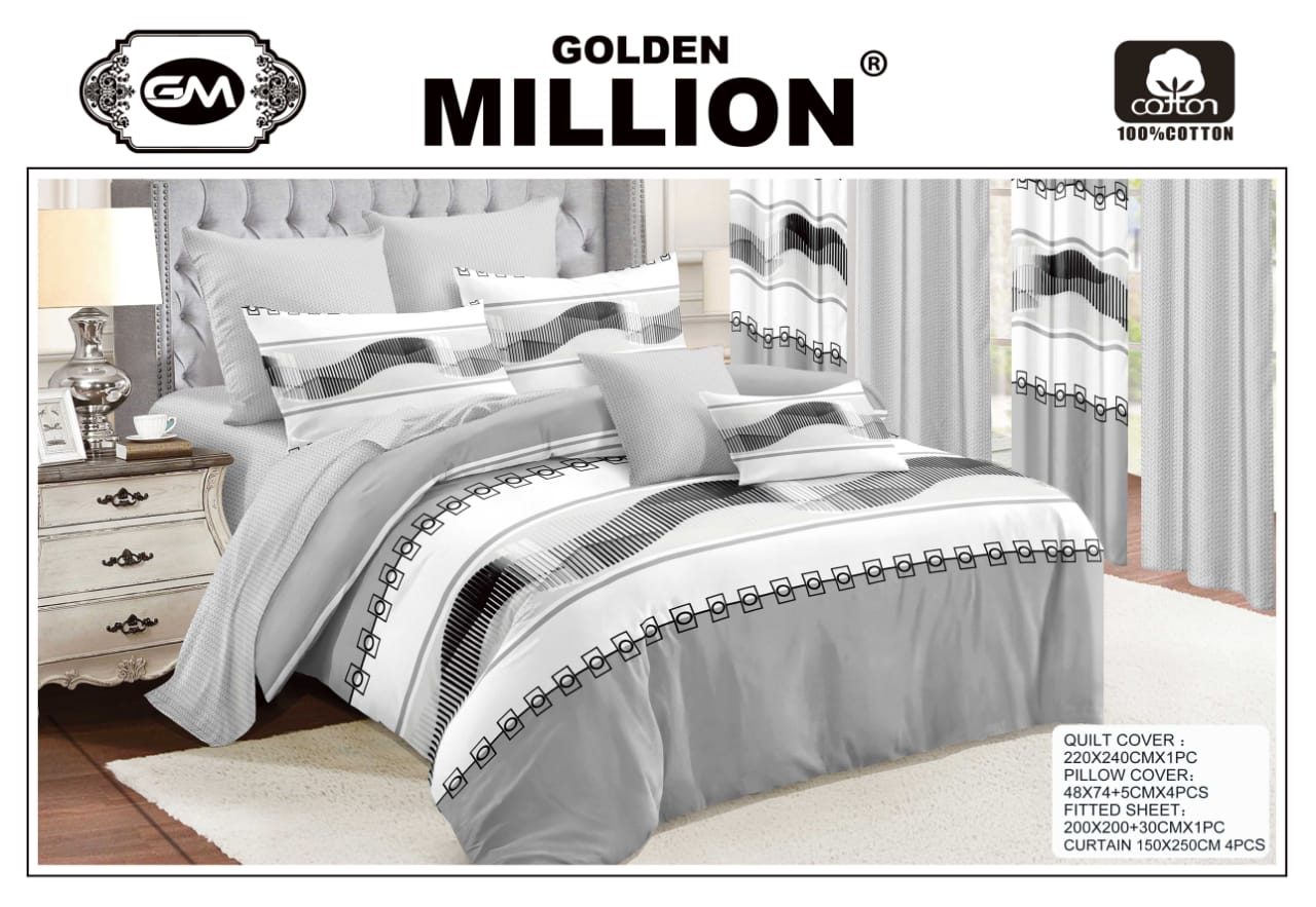 ClassySouq-shop-Golden-Million-Bedsheet-Set-with-Curtains-Geometric Lines-Grey-100% Cotton