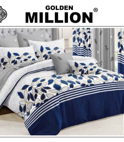 ClassySouq-shop-Golden-Million-Bedsheet-Set-with-Curtains-Leafy-Blue-100% Cotton