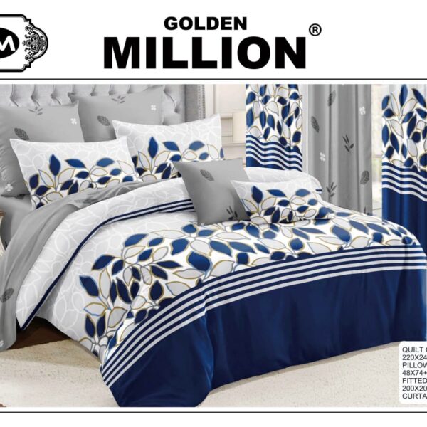 ClassySouq-shop-Golden-Million-Bedsheet-Set-with-Curtains-Leafy-Blue-100% Cotton