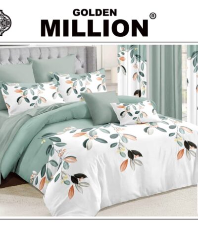 ClassySouq-shop-Golden-Million-Bedsheet-Set-with-Curtains-Leafy-Olive-Green-100% Cotton