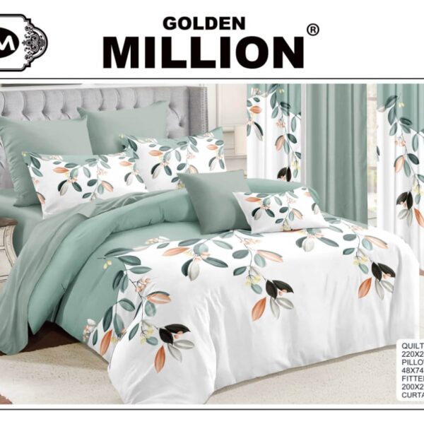 ClassySouq-shop-Golden-Million-Bedsheet-Set-with-Curtains-Leafy-Olive-Green-100% Cotton