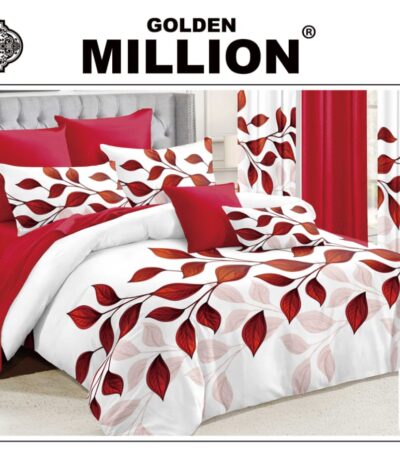 ClassySouq-shop-Golden-Million-Bedsheet-Set-with-Curtains-Luxury-Leaf-Red-100% Cotton