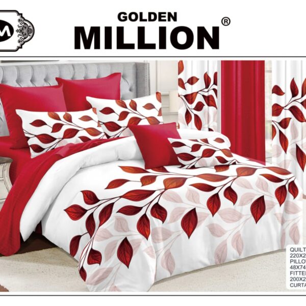 ClassySouq-shop-Golden-Million-Bedsheet-Set-with-Curtains-Luxury-Leaf-Red-100% Cotton