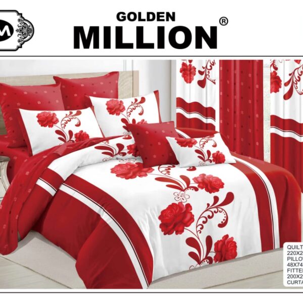ClassySouq-shop-Golden-Million-Bedsheet-Set-with-Curtains-Pretty-Floral-Red-100% Cotton