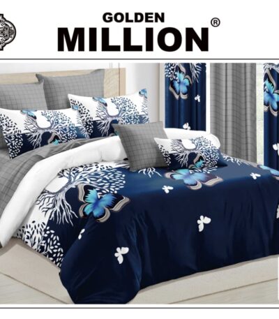 ClassySouq-shop-Golden-Million-Bedsheet-Set-with-Curtains-Radiant-Tree-Blue-100% Cotton