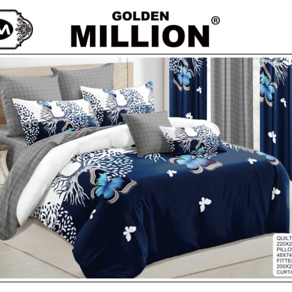 ClassySouq-shop-Golden-Million-Bedsheet-Set-with-Curtains-Radiant-Tree-Blue-100% Cotton