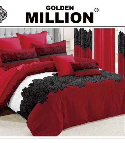 ClassySouq-shop-Golden-Million-Bedsheet-Set-with-Curtains-Solid-Flower-Printed-Red-100% Cotton