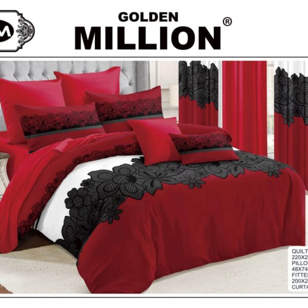 ClassySouq-shop-Golden-Million-Bedsheet-Set-with-Curtains-Solid-Flower-Printed-Red-100% Cotton
