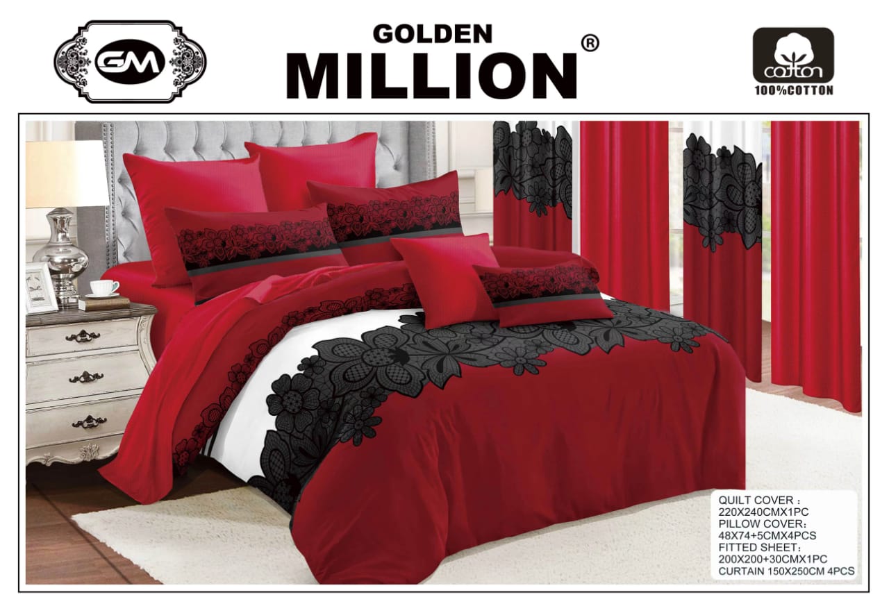 Golden Million-Bedsheet Set with Curtains- Solid Flower Printed Red 100% Cotton ClassySouq-shop-Golden-Million-Bedsheet-Set-with-Curtains-Solid-Flower-Printed-Red-100% Cotton