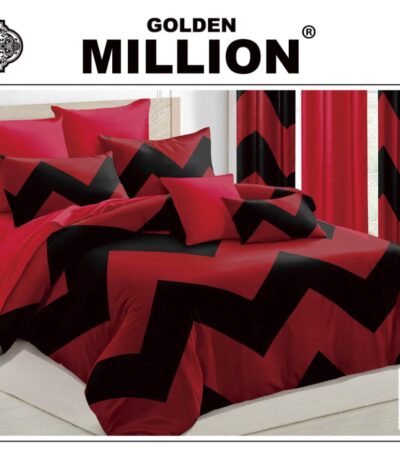 ClassySouq-shop-Golden-Million-Bedsheet-Set-with-Curtains-Zig-Zag-Red-100% Cotton